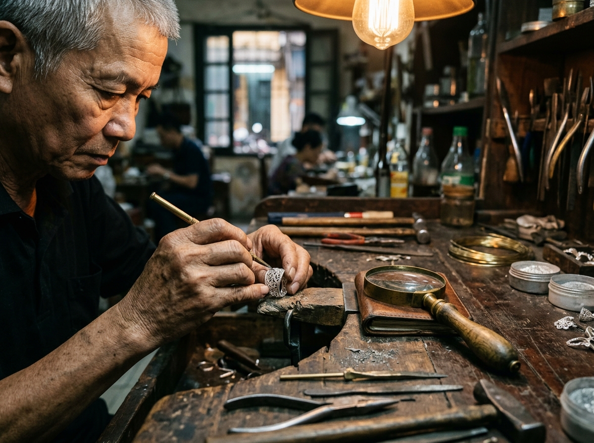 Hanoi traditional silversmith crafting fine jewelry in Hang Bac street