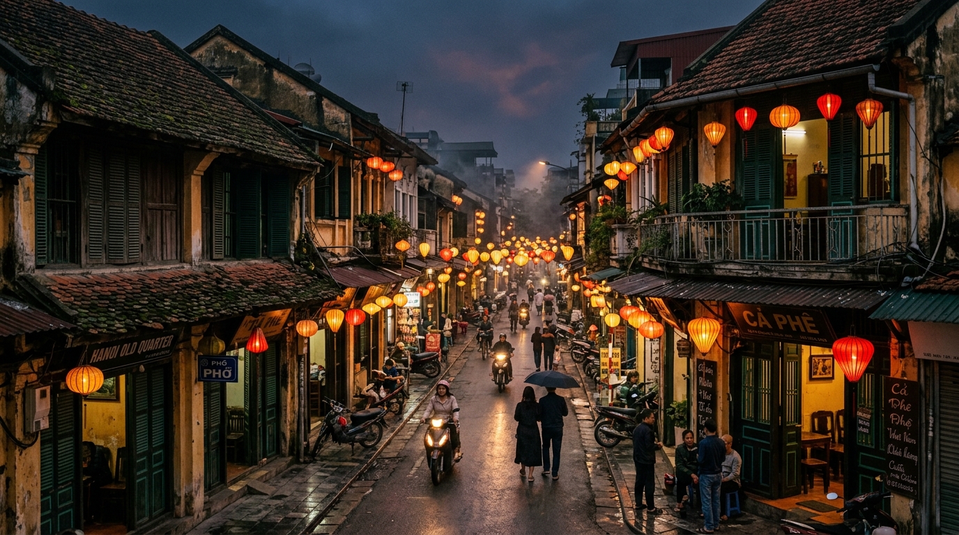 Hanoi Old Quarter atmospheric dusk with traditional lantern light